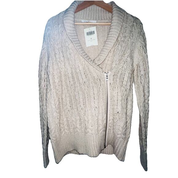 NEW BOSTON PROPER Cardigan Sweater Size M Cream/Tan Cable Knit full zip - Picture 5 of 9